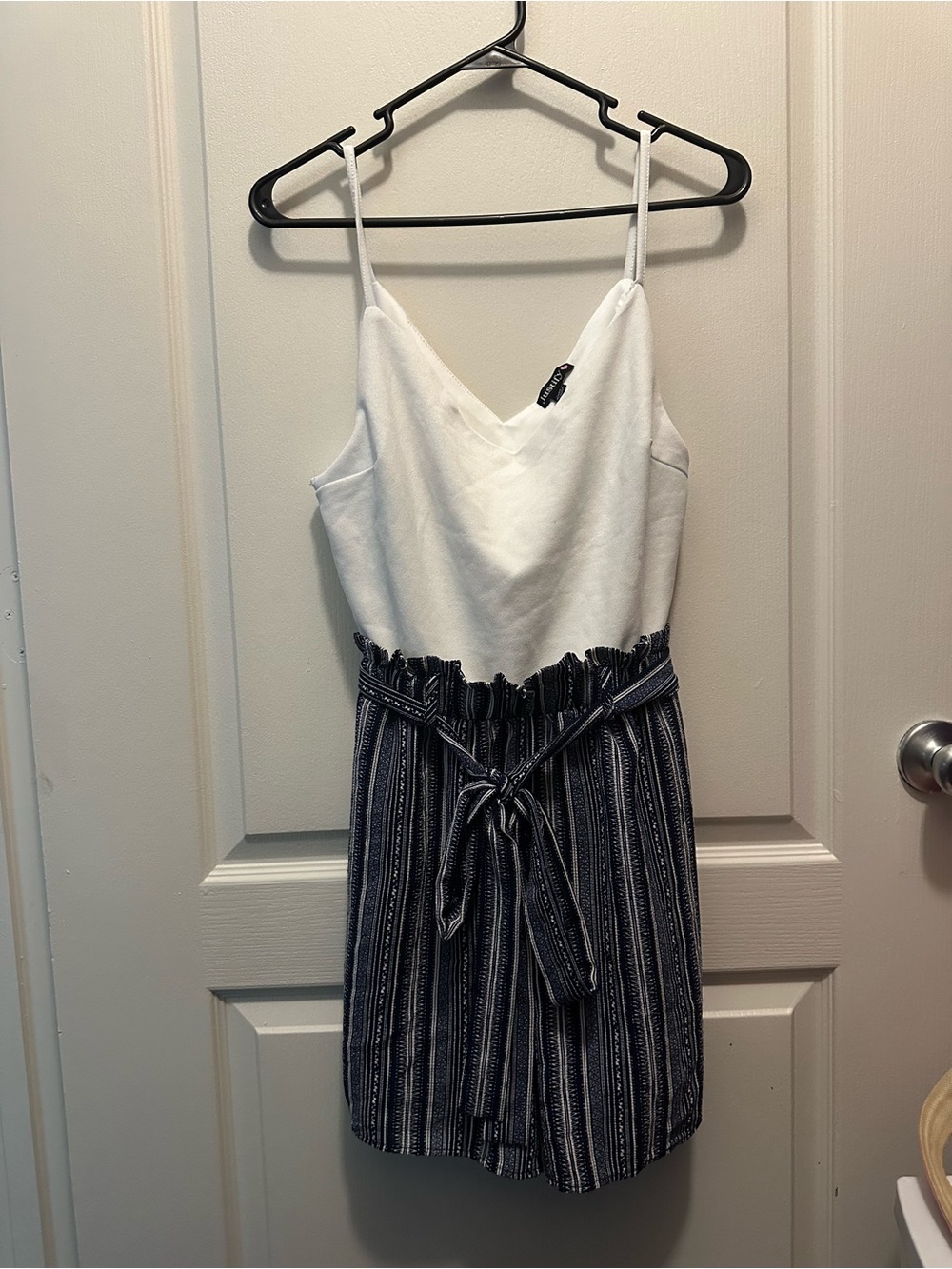 Justify White Bodice Navy Striped Tie-Waist Romper